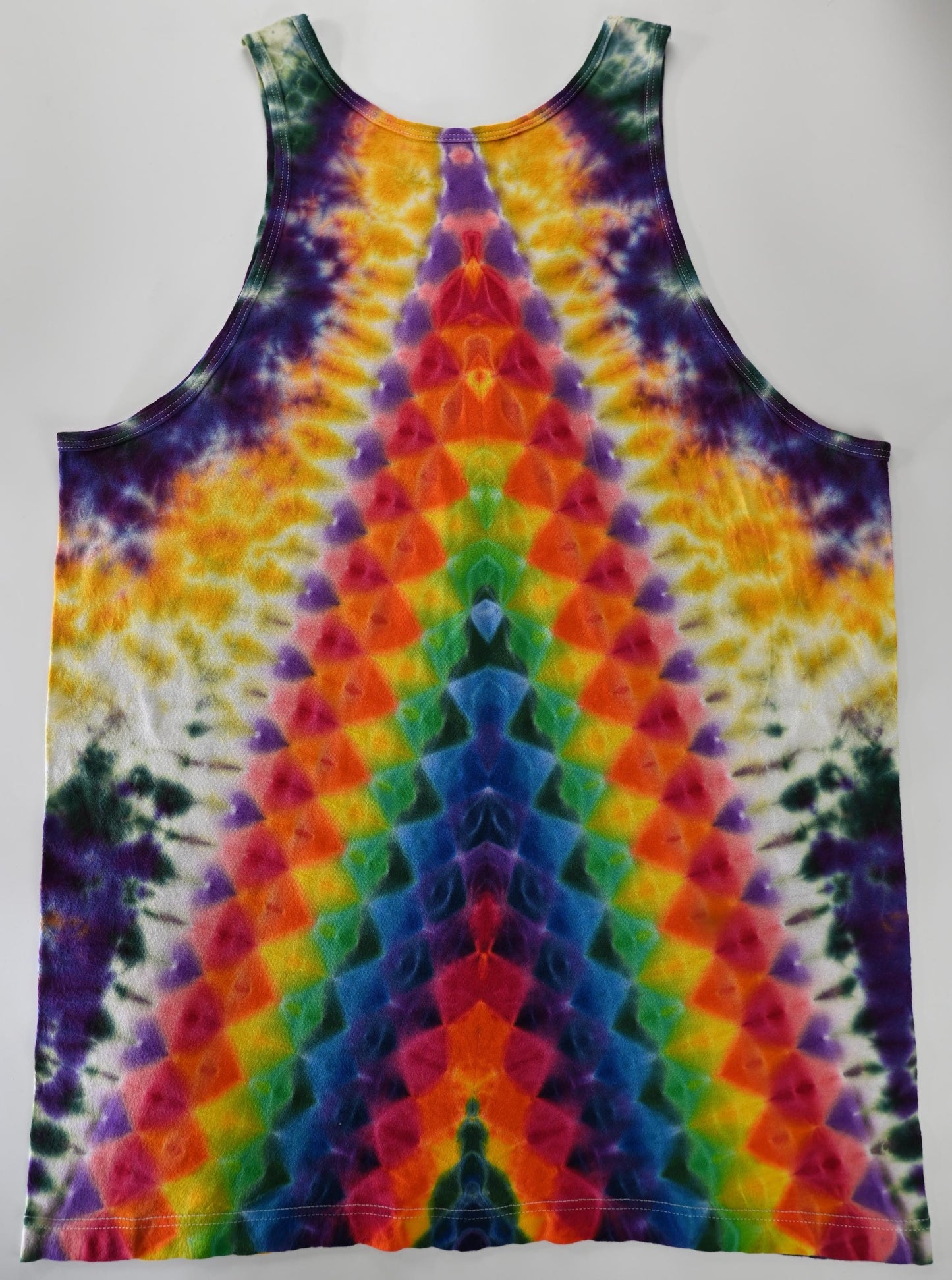 XL Hexagon Front/Triangle Back Piece/Scrunch filler in Aphrodisiac Palette Tie Dye on a Tultex 105 Ringspun Cotton Tank Top