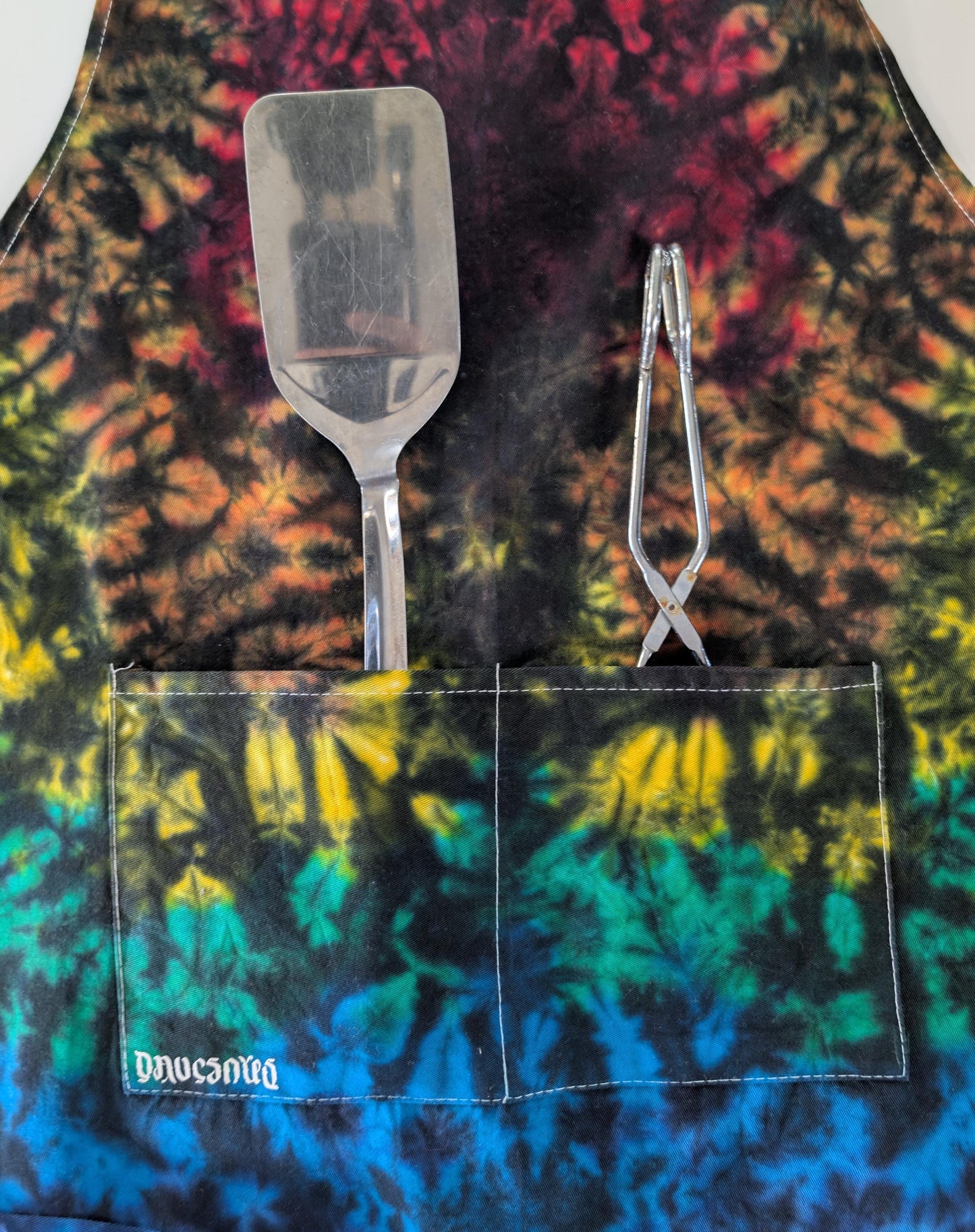 Adjustable Blacked out Rainbow Scrunch Tie Dye on a Jubatus Cotton Chef Apron w/ 2 Pockets
