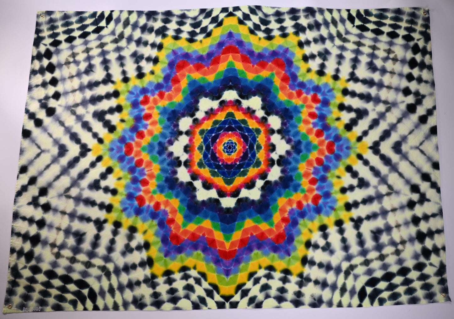 52'X38" Hexagon->{12/3} Dodecagram->UV Reactive/Grayscale Tie Dye on a Organic Cotton & Hemp Hemmed Tapestry w/ Metal Grommets for Hanging*