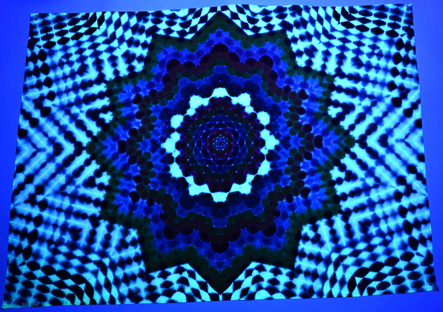 52'X38" Hexagon->{12/3} Dodecagram->UV Reactive/Grayscale Tie Dye on a Organic Cotton & Hemp Hemmed Tapestry w/ Metal Grommets for Hanging*