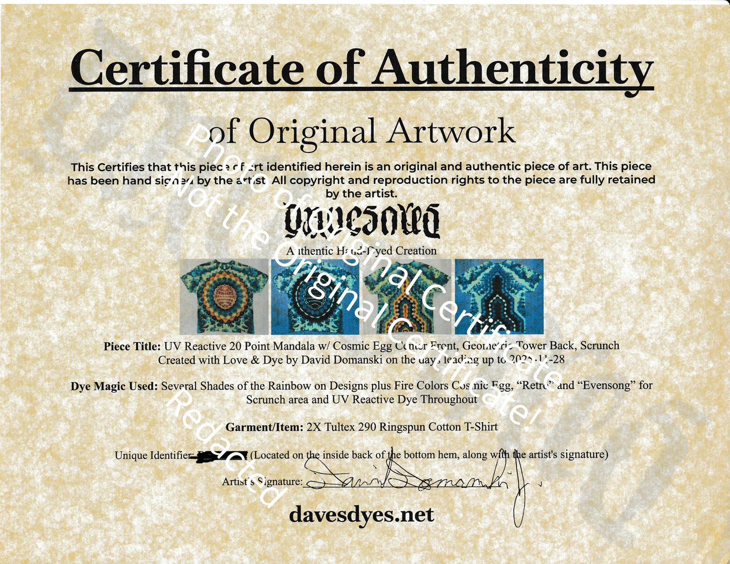 2X Super Heady UV Reactive 20Pt Mandala Cosmic Egg Cntr F/Geometric Tower B Shield/Scrunch Tie Dye on a Tultex 290 Ringspun Cotton T-Shirt