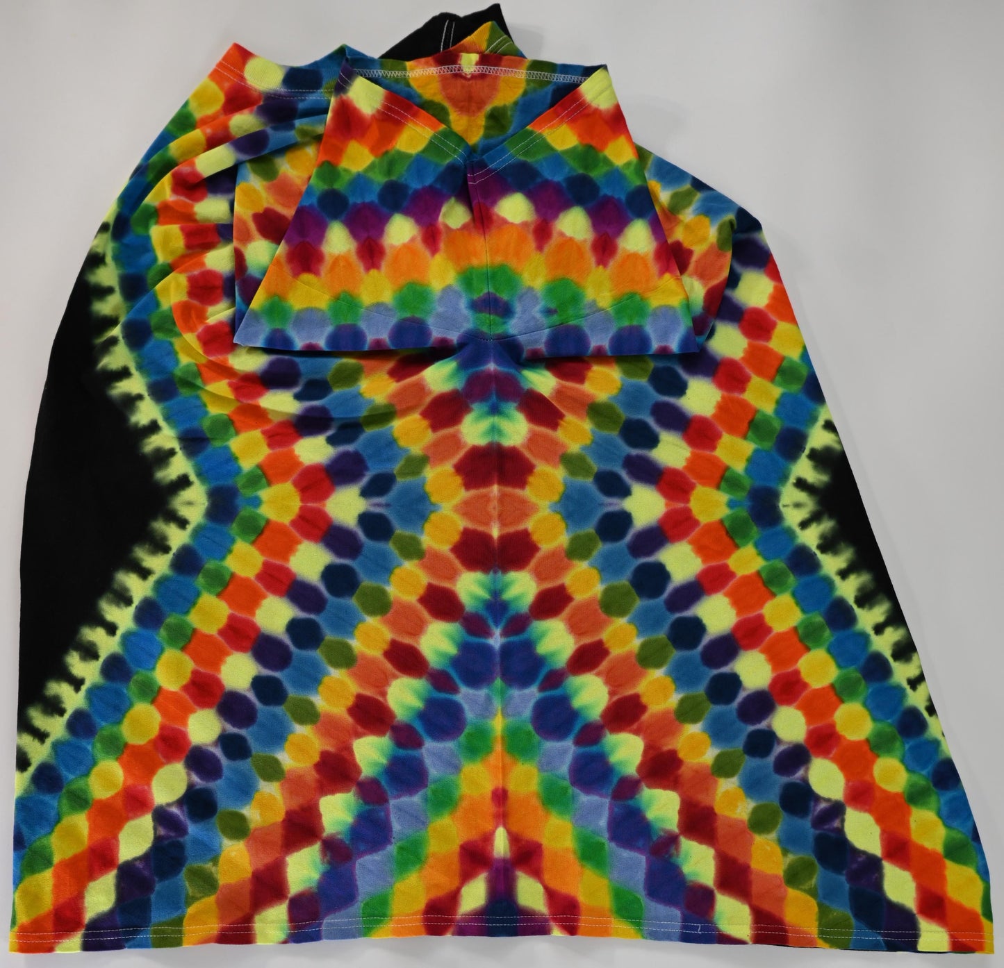 4X UV Reactive Side Hexagon (Gemstone Colors)-> {12/3} Dodecagram/Pac-Man Honeycomb/Black Between Tie Dye on a Port & Company Essential Tee