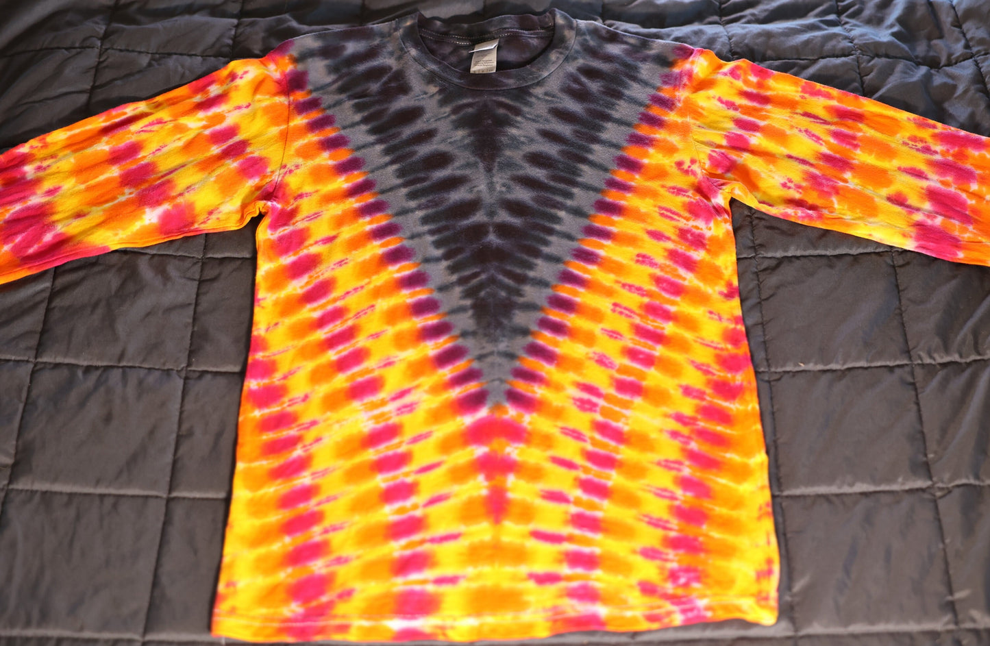 Small Long Sleeve V-DNA Tie Dye on a Premium Gildan Hammer Ringspun Cotton Shirt