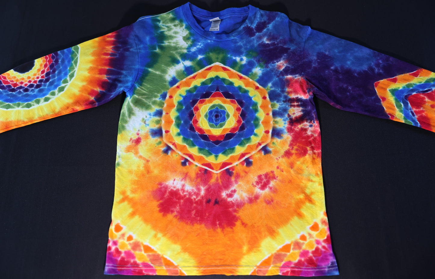 Med Hexagon Frt/Pyramid Bck Wraps to Frt/ZigZag Band around L Slv/18pt Mandala w/Blck Hole Cntr on R Slv/ Scrunch Tie Dye Long Sleeve Shirt