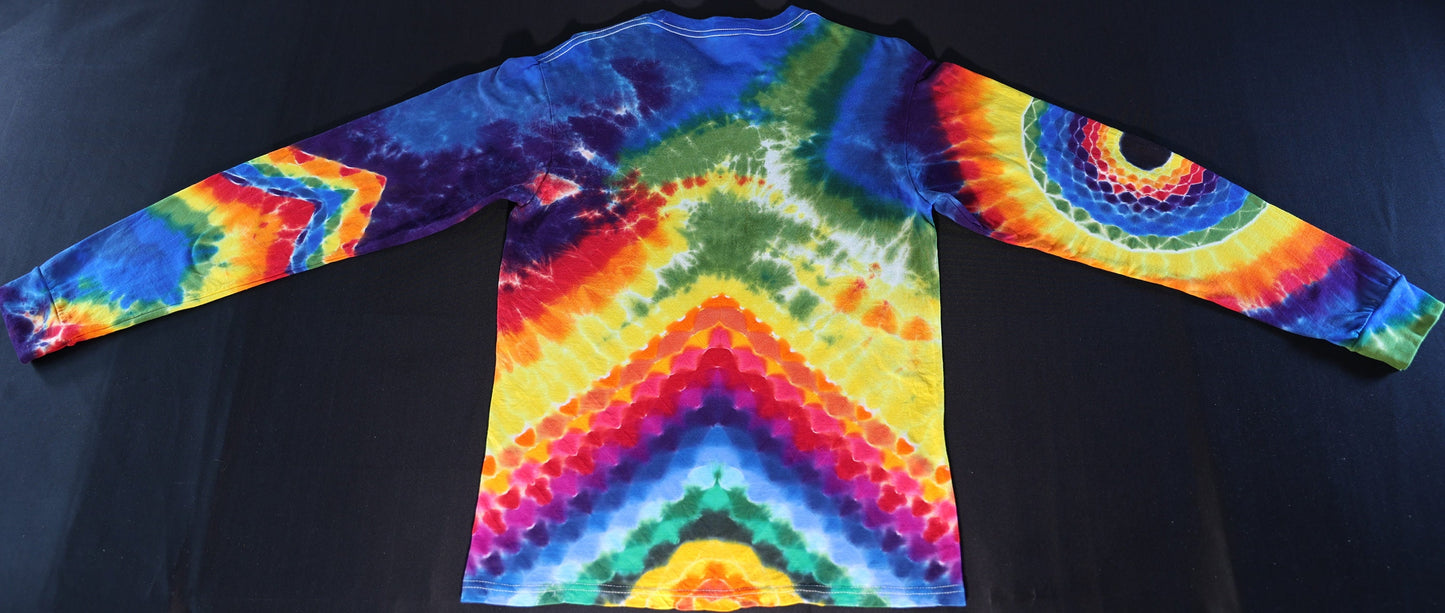 Med Hexagon Frt/Pyramid Bck Wraps to Frt/ZigZag Band around L Slv/18pt Mandala w/Blck Hole Cntr on R Slv/ Scrunch Tie Dye Long Sleeve Shirt