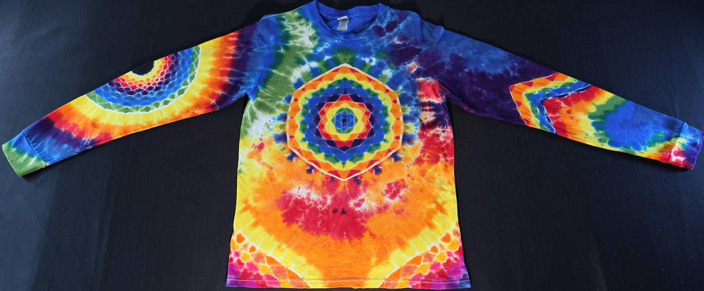 Med Hexagon Frt/Pyramid Bck Wraps to Frt/ZigZag Band around L Slv/18pt Mandala w/Blck Hole Cntr on R Slv/ Scrunch Tie Dye Long Sleeve Shirt