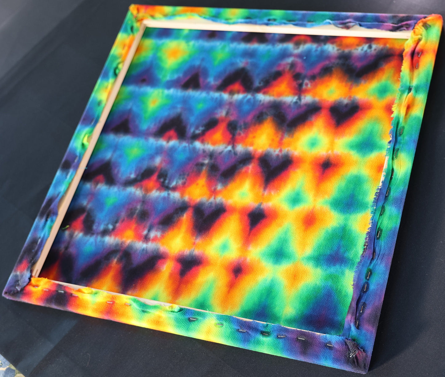 24"X24"X.75" Glitch Variant Tie Dye on a Square Panel of Calcutta Cotton Stretched onto 24"X24" Stretcher Bars