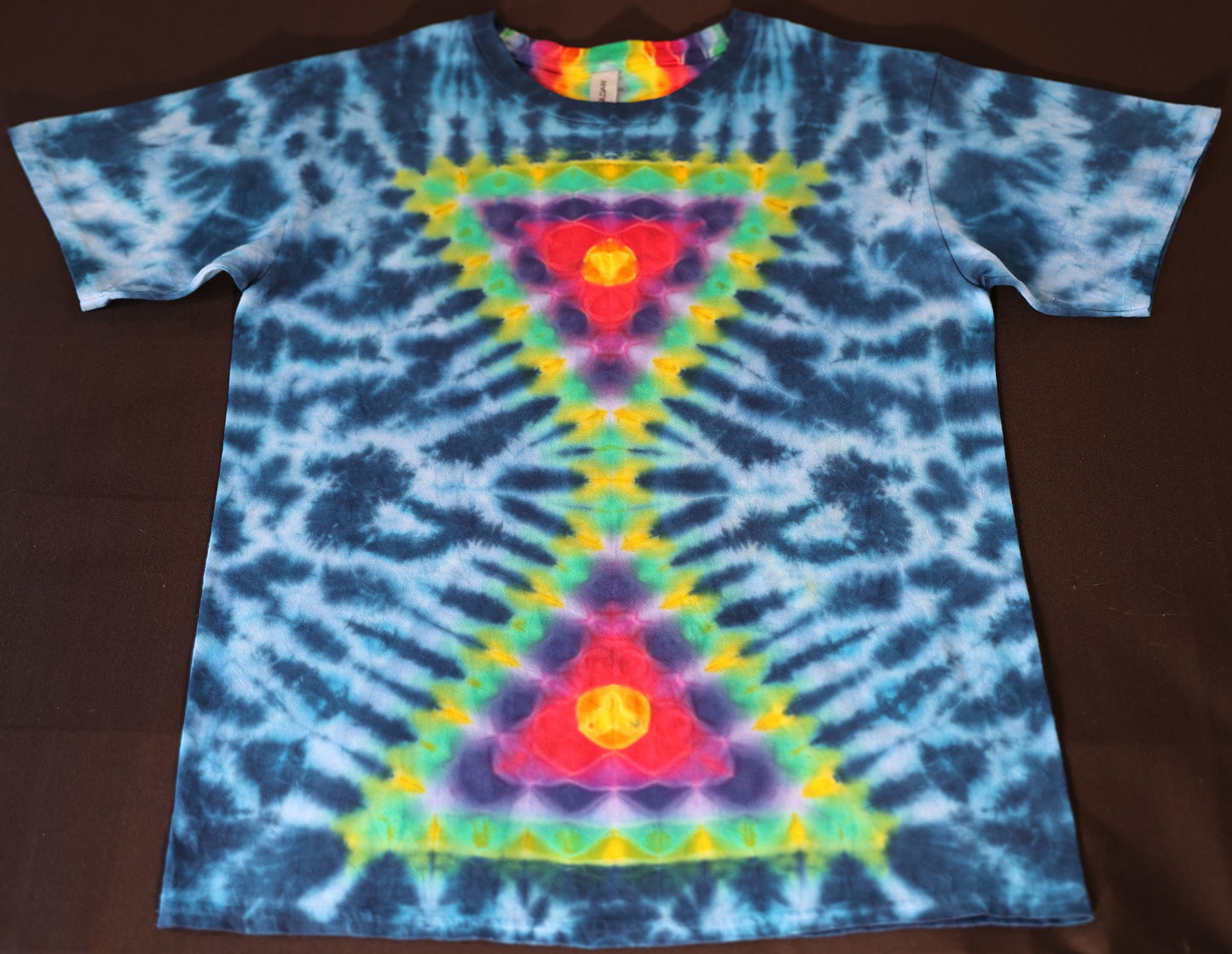 Medium Point to Point Triangles F/Honeycomb Spine B/ Scrunch in Blues Tie Dye on a Gildan Ultra Cotton PFD (Prepared for Dyeing) T-Shirt