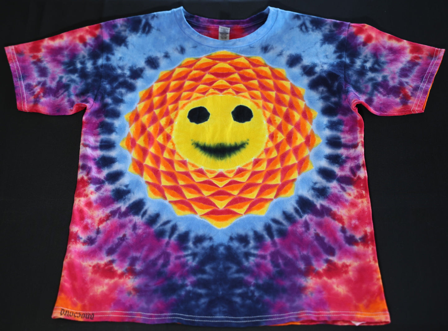 Youth XL Sunshiney Happy 18 Point Mandala Face/Scrunch Tie Dye on a Gildan Ultra Cotton T-Shirt