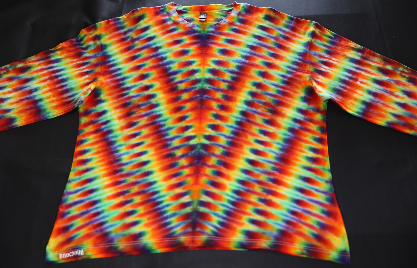 2X Trippy Weaver Variation/Deep V Pleat Tie Dye on a Gildan Hammer Ringspun Cotton Long Sleeve Shirt