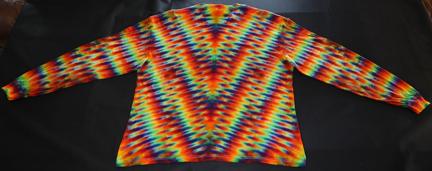 2X Trippy Weaver Variation/Deep V Pleat Tie Dye on a Gildan Hammer Ringspun Cotton Long Sleeve Shirt