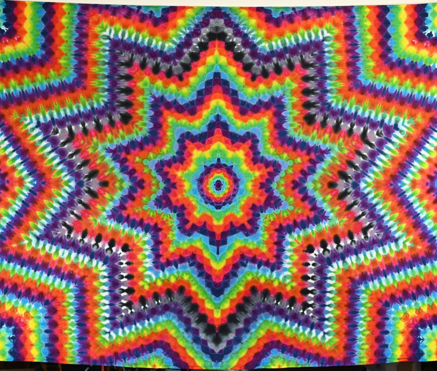 54"X90" (Measurements prior to any shrinking) Very Psychedelic Decagram/10Pt Star Tie Dye on a Third Eye Tapestry w/ Hanging Loops