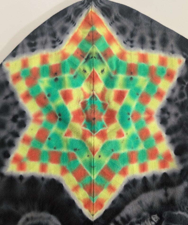 M 18Pt Mandala Hexagon Cntr/ Wrap Around Geometric Tower/ Hexagram Hood/ 12Pt Mandala L Slv/Hexagon R Slv/Geode Tie Dye on a Long-Slv Hoodie