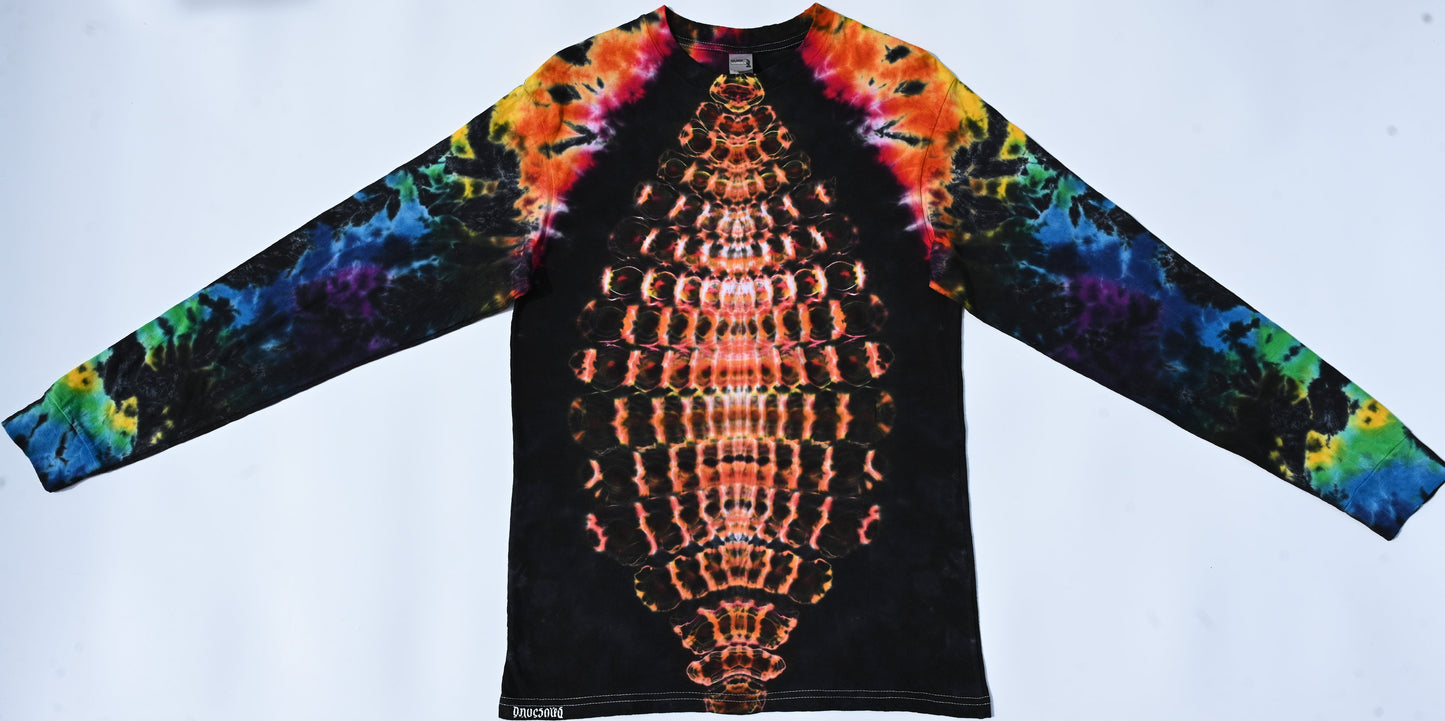 Medium Fiery Cosmic Egg/Crazy Shaped Back Piece w/ Color Morphing Rows/ Scrunch Tie Dye on a Gildan Hammer Ringspun Cotton Long Sleeve Shirt