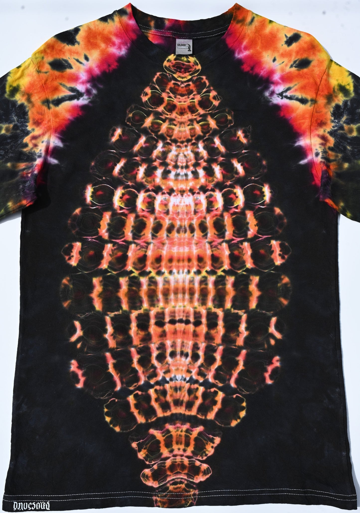 Medium Fiery Cosmic Egg/Crazy Shaped Back Piece w/ Color Morphing Rows/ Scrunch Tie Dye on a Gildan Hammer Ringspun Cotton Long Sleeve Shirt