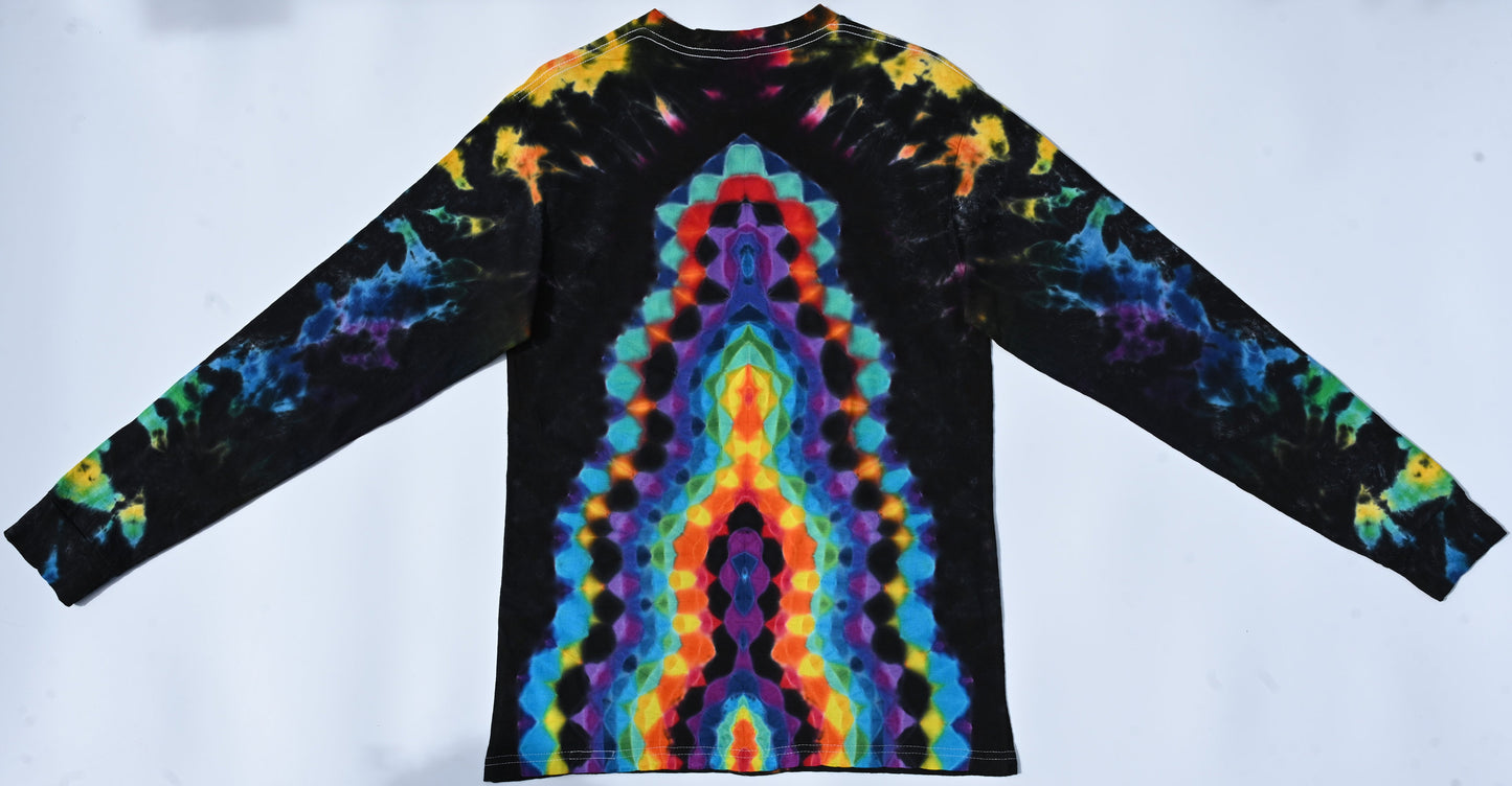 Medium Fiery Cosmic Egg/Crazy Shaped Back Piece w/ Color Morphing Rows/ Scrunch Tie Dye on a Gildan Hammer Ringspun Cotton Long Sleeve Shirt