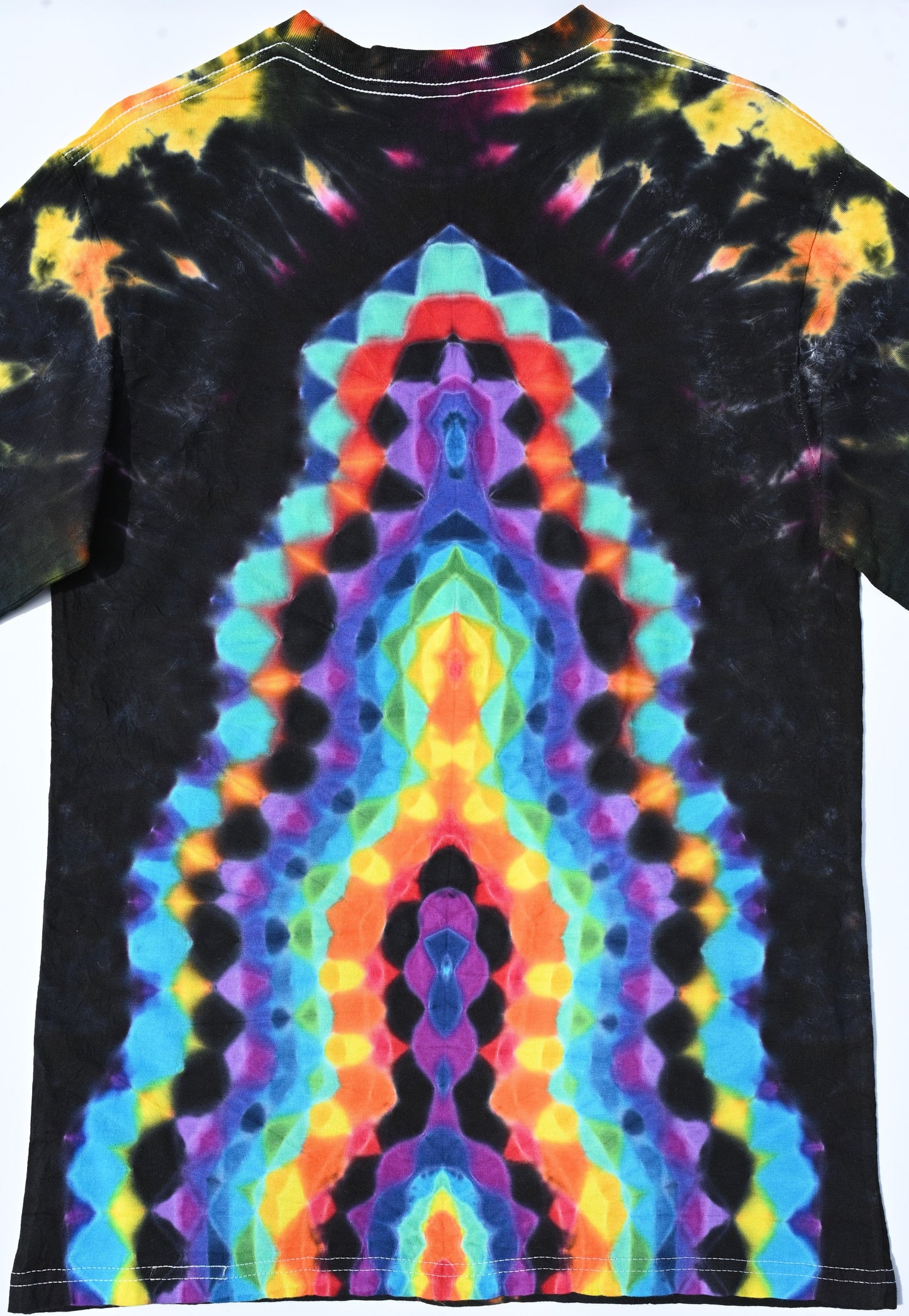 Medium Fiery Cosmic Egg/Crazy Shaped Back Piece w/ Color Morphing Rows/ Scrunch Tie Dye on a Gildan Hammer Ringspun Cotton Long Sleeve Shirt