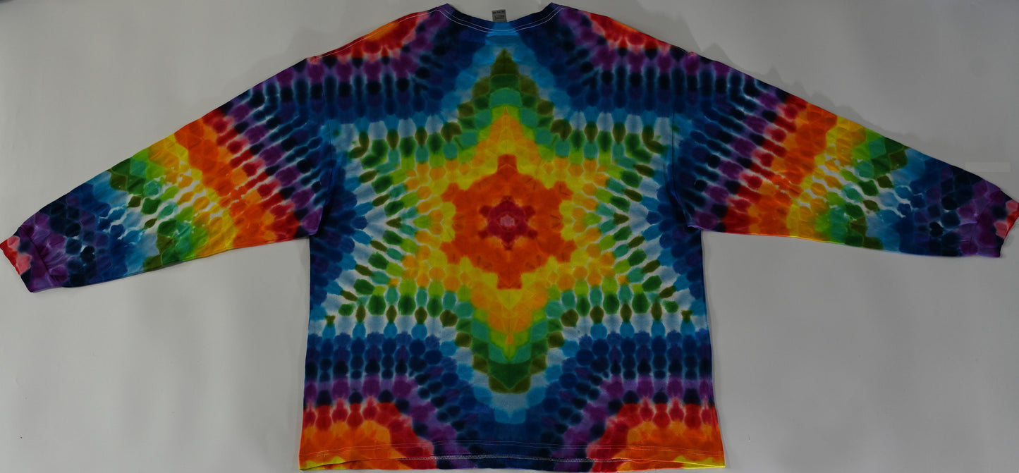 3X All Over, Centered Hexagram, Front/Back Tie Dye on a Gildan Hammer Ringspun Cotton Long Sleeve Shirt.