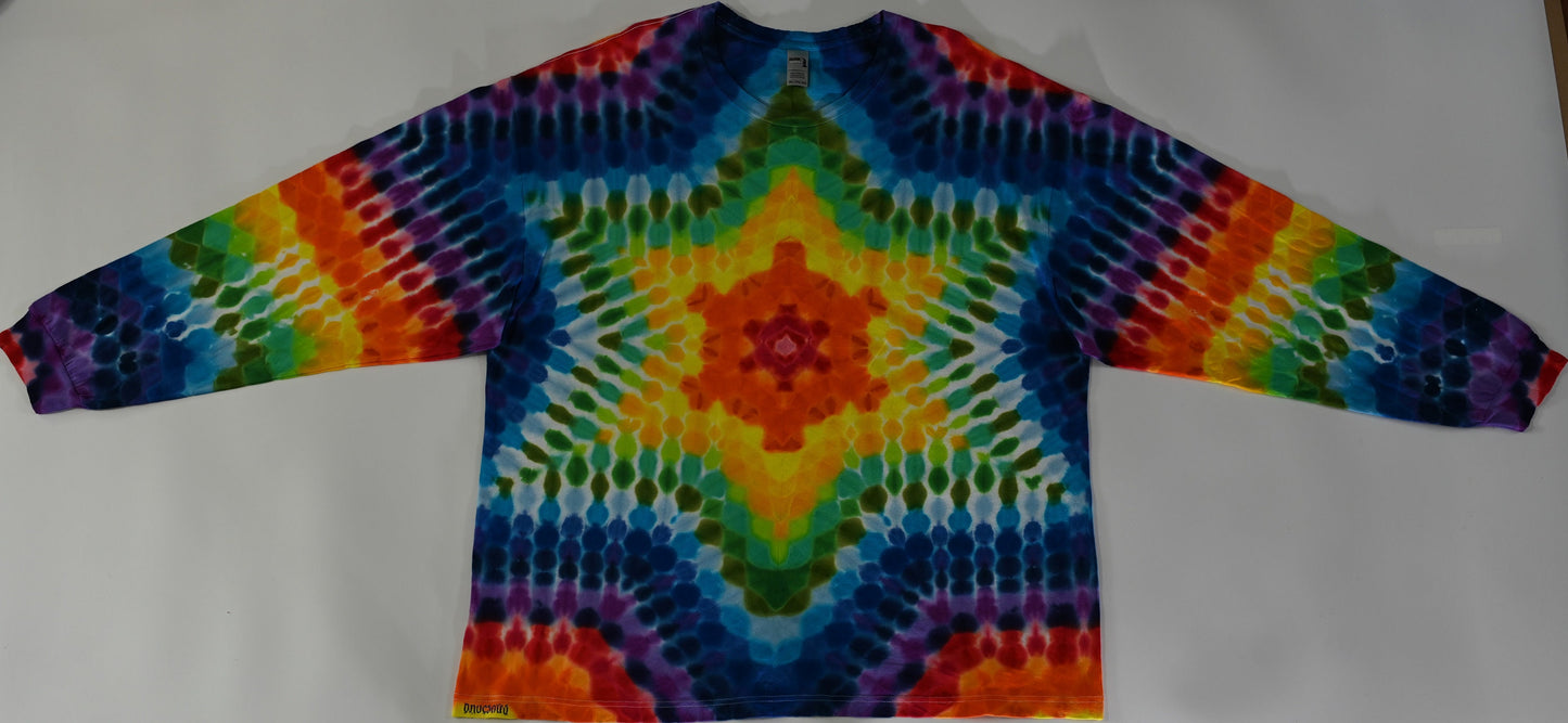 3X All Over, Centered Hexagram, Front/Back Tie Dye on a Gildan Hammer Ringspun Cotton Long Sleeve Shirt.