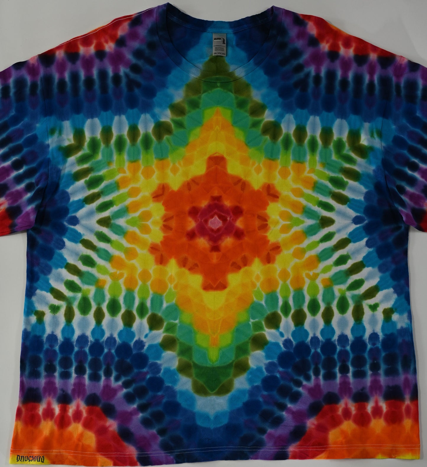 3X All Over, Centered Hexagram, Front/Back Tie Dye on a Gildan Hammer Ringspun Cotton Long Sleeve Shirt.