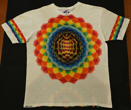 XL 20 Pt Mandala Fiery Cosmic Egg Center/ Geometric Tower Back/Honeycomb Banded Slvs Tie Dye T-Shirt w/ All White Background*