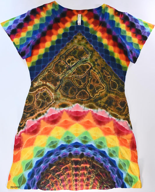 Ladies L/XL Mandala from Bottom, w/ Fiery Cosmic Egg Center/Honeycomb Top/ Geode Filler Tie Dye on a LAT V-Neck Cotton Cover Up Dress