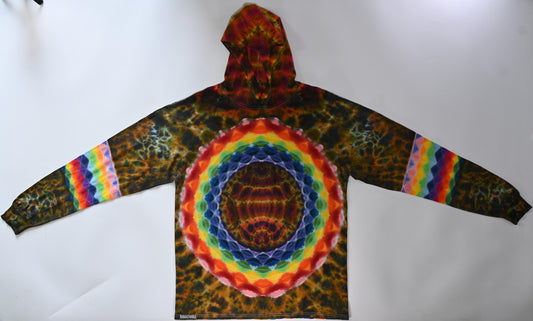 Large 20 Pt Mandala Fiery Cosmic Egg Cntr + Hood/ Honeycomb Geometric Tower Back/ Honeycomb Band Slvs/Scrunch Tie Dye Hooded* Long Slv Shirt