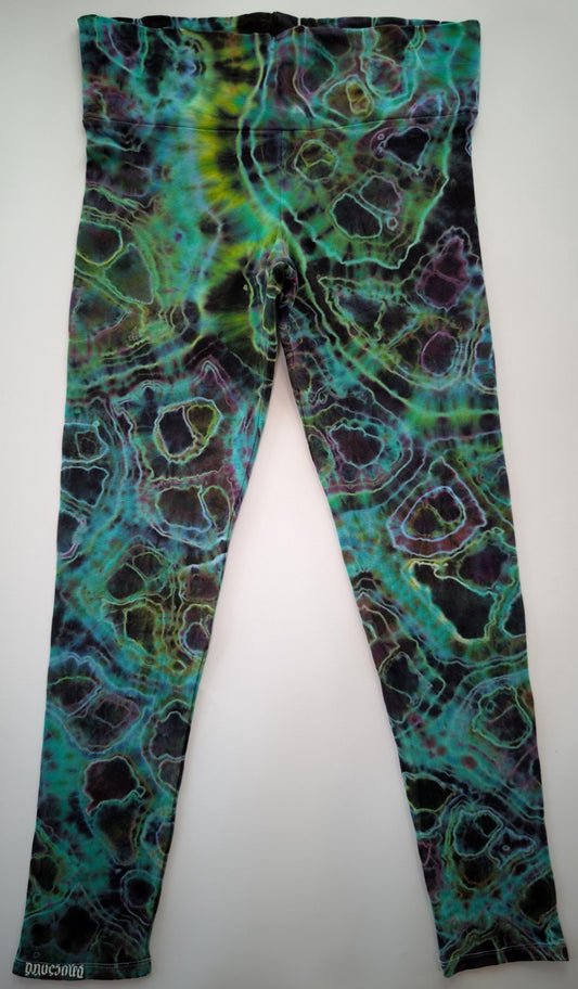 Medium Geode Tie Dye on Wide Waist Band Dancing Robin Form Fitting, Medium Thickness 92 Cotton 8% Spandex Leggings