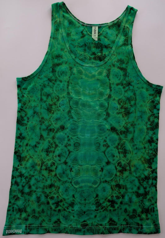 Large Kenney Style w/ Some Cosmic Totems Down the Center of Front and Back in Greens Tie Dye on a Tultex 105 Cotton Tank Top