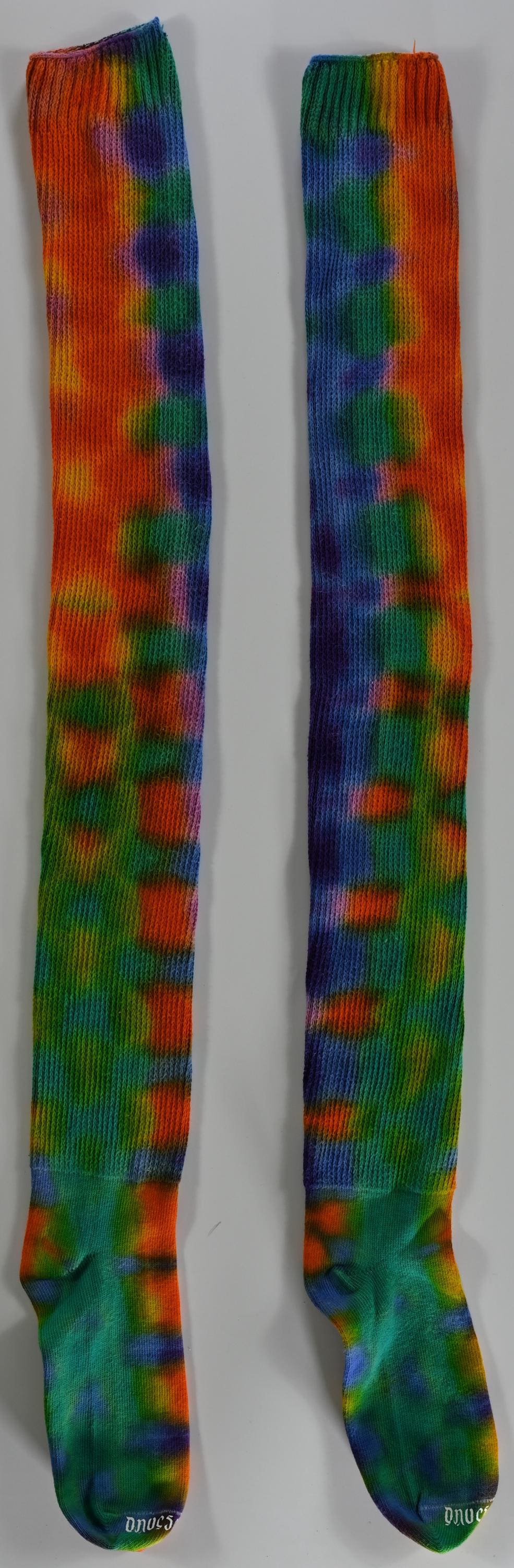 Scratch and Dent Special!! Spring Colors Tie Dye on a Pair of Dharma Trading Company Cotton Blend Thigh High Socks Read Description