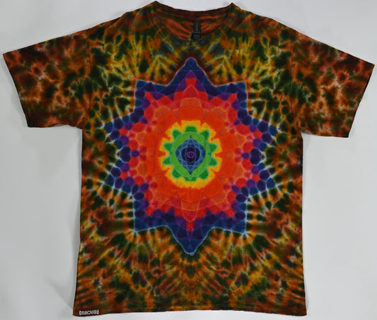 XL Heady Decagram/10Pt Star F/Triangle Checkerboard DNA B/Scrunch Tie Dye on a Gildan Ultra Cotton PFD (Prepared for Dye) T-Shirt