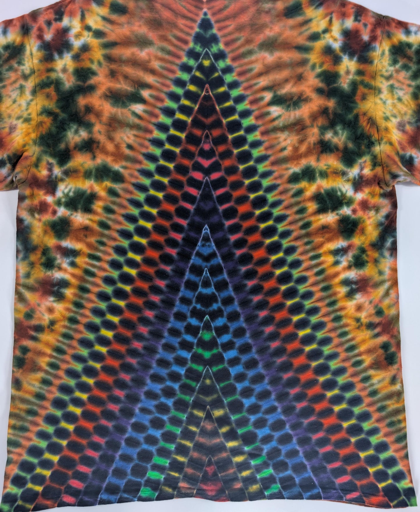 XL Heady Decagram/10Pt Star F/Triangle Checkerboard DNA B/Scrunch Tie Dye on a Gildan Ultra Cotton PFD (Prepared for Dye) T-Shirt