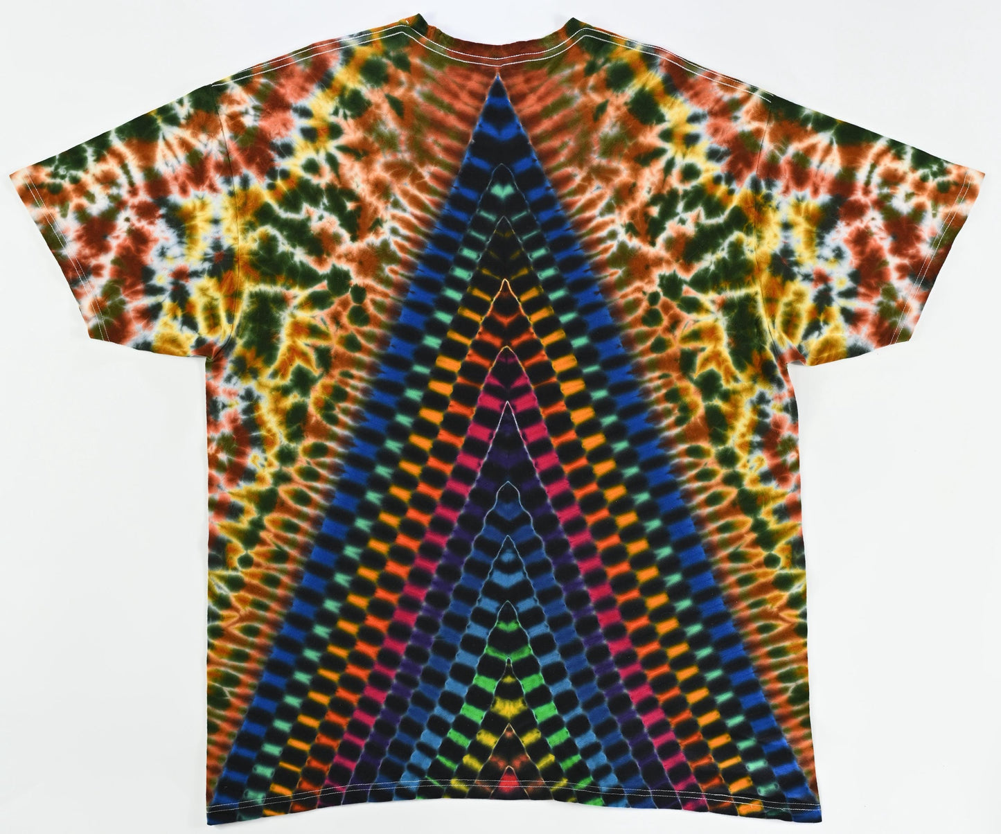 2X Heady Decagram/10Pt Star Fr/Triangle Checkerboard DNA Bk/Scrunch in Browns, Dark Greens Tie Dye on a Tultex 290 Ringspun Cotton T-Shirt