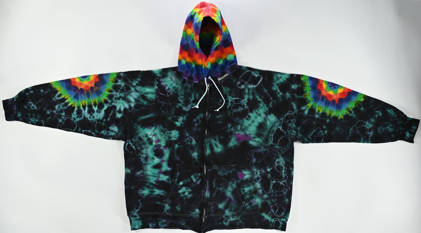 3X Ultra Heady Hexagram Back/Hexagons Each Sleeve, Honeycomb Hood/Geode Fill Tie Dye on a Hanes Ultimate Cotton Zipper Hoodie w/ Frnt Pocket