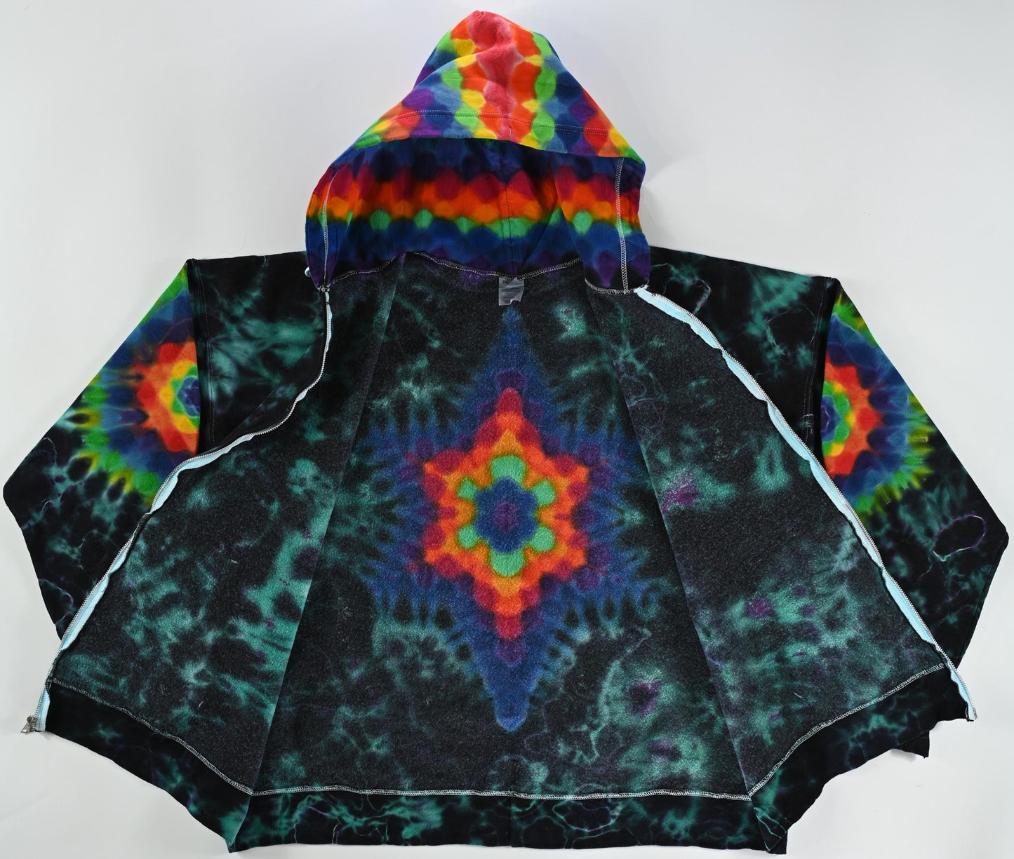 3X Ultra Heady Hexagram Back/Hexagons Each Sleeve, Honeycomb Hood/Geode Fill Tie Dye on a Hanes Ultimate Cotton Zipper Hoodie w/ Frnt Pocket