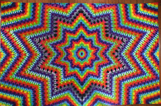 54"X90" (Measurements prior to any shrinking) Very Psychedelic Decagram/10Pt Star Tie Dye on a Third Eye Tapestry w/ Hanging Loops