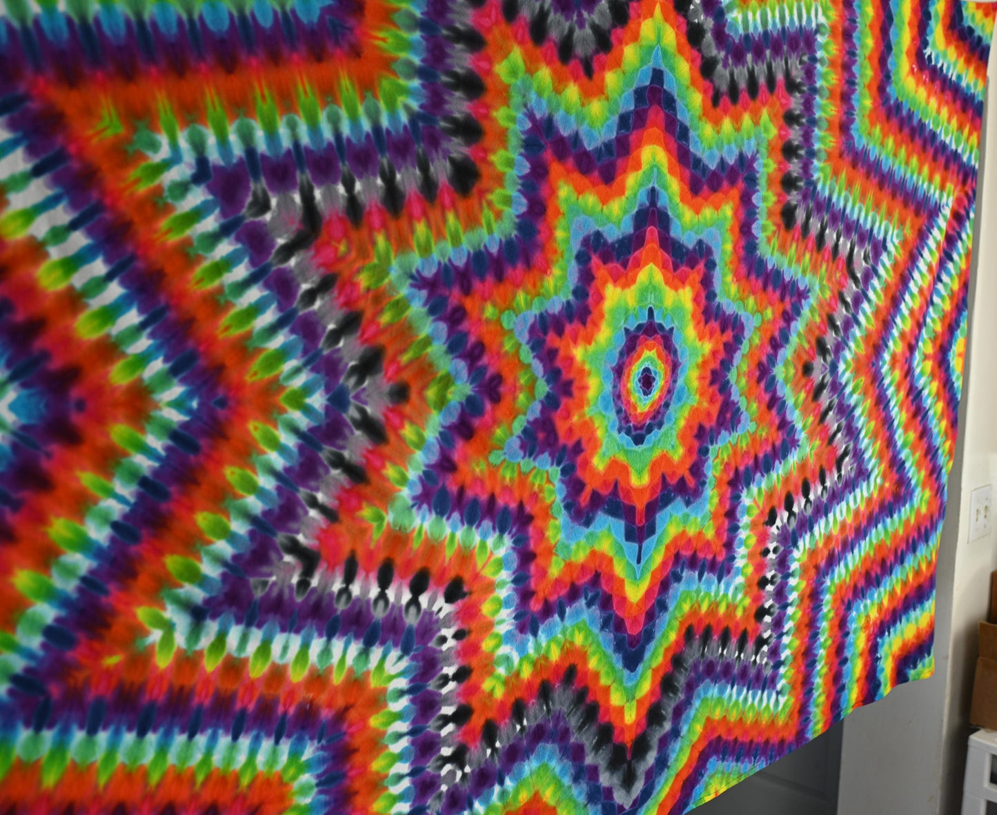 54"X90" (Measurements prior to any shrinking) Very Psychedelic Decagram/10Pt Star Tie Dye on a Third Eye Tapestry w/ Hanging Loops