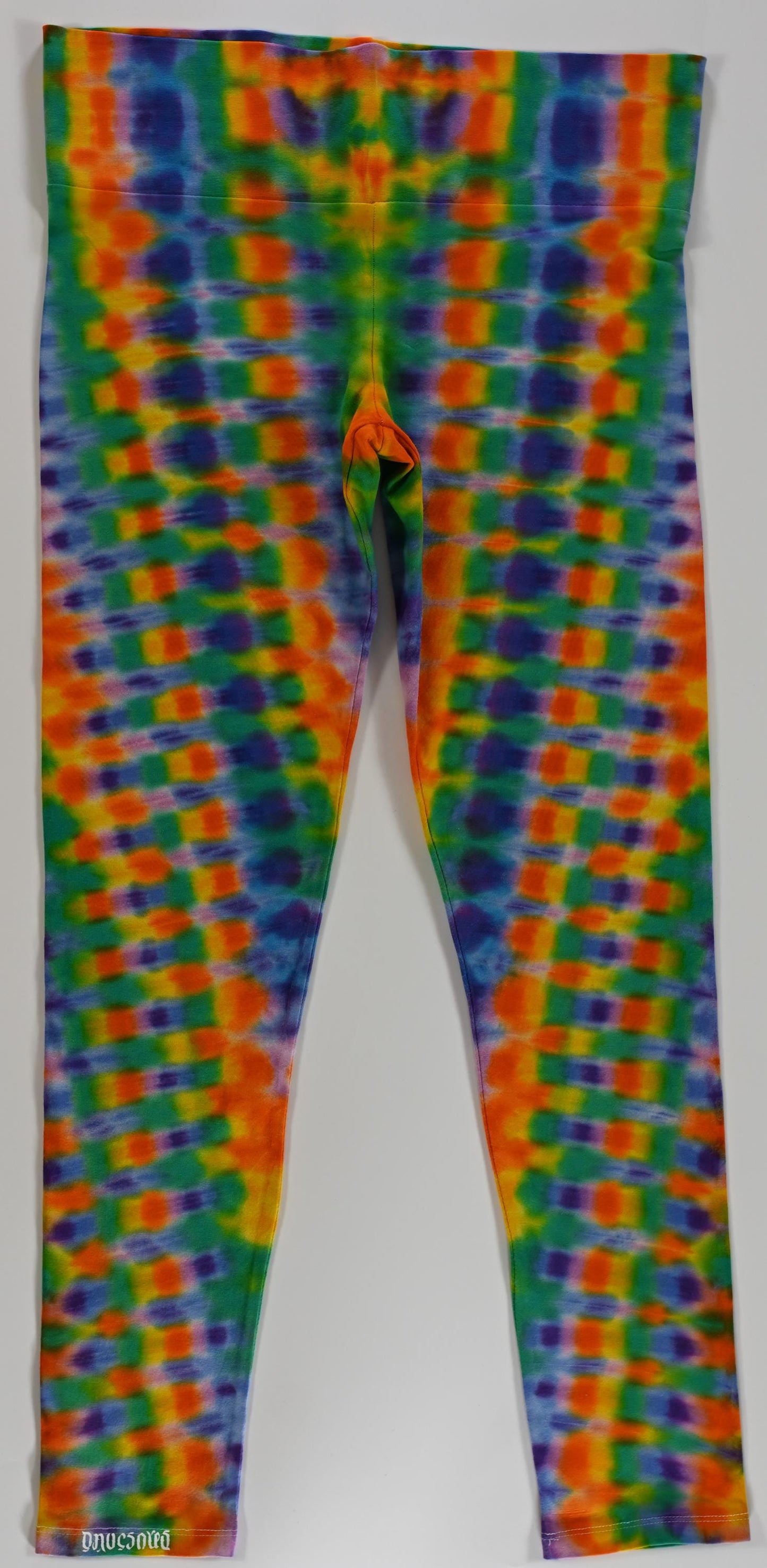 Large Springtime Colors Tie Dye on a Pair of Wide Waist Band Dancing Robin Form Fitting, Medium Thickness 92 Cotton/8%Spandex Leggings.