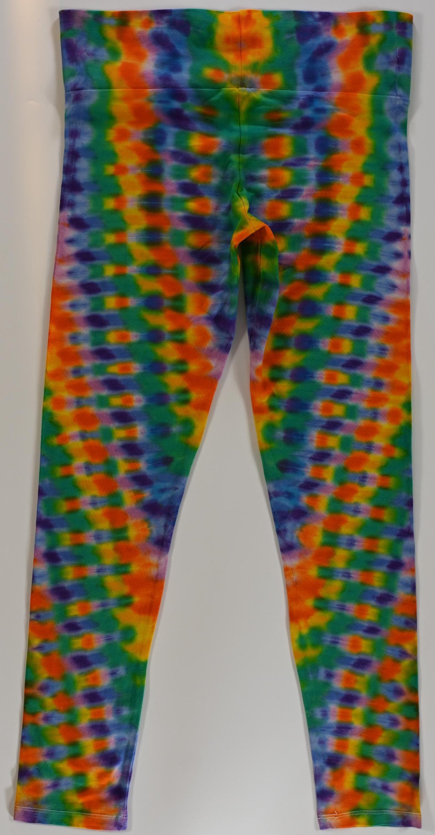 Large Springtime Colors Tie Dye on a Pair of Wide Waist Band Dancing Robin Form Fitting, Medium Thickness 92 Cotton/8%Spandex Leggings.