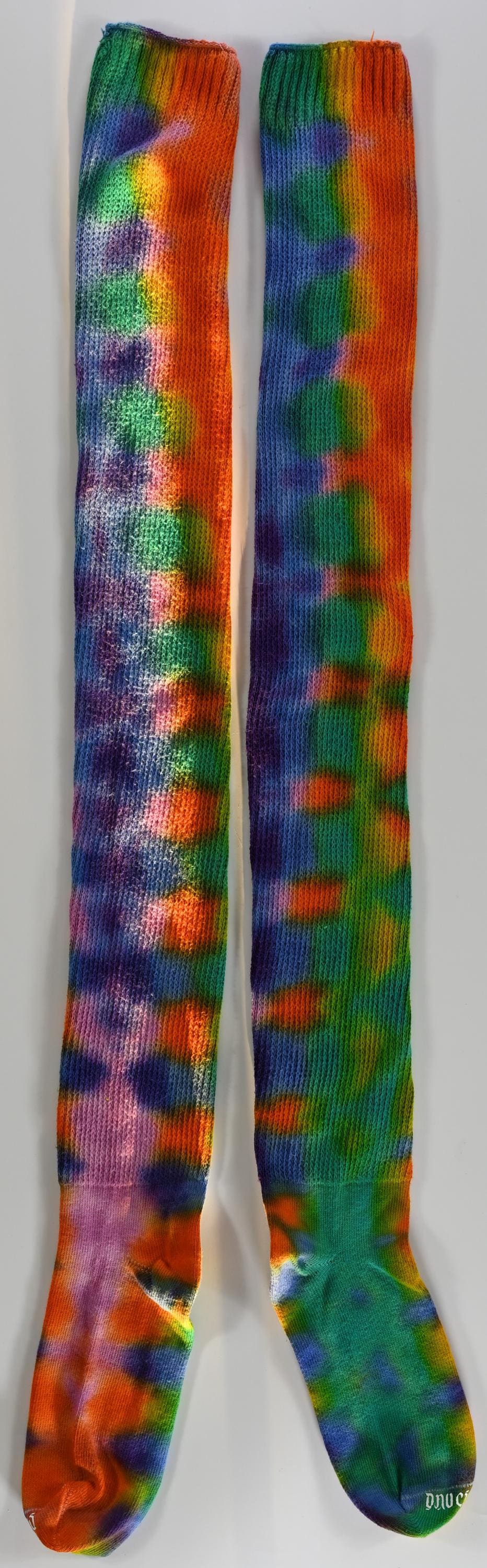 Scratch and Dent Special!! Spring Colors Tie Dye on a Pair of Dharma Trading Company Cotton Blend Thigh High Socks Read Description