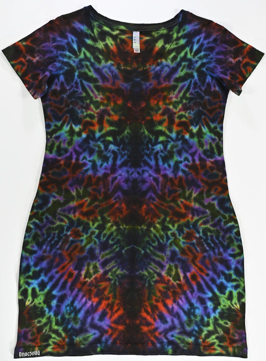 Ladies S/M Blacked Out Rainbow Rorschach Scrunch Tie Dye on a LAT V-Neck Cotton Cover Up Dress