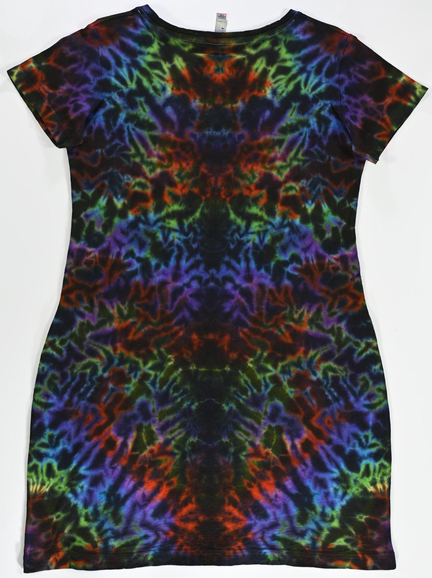 Ladies S/M Blacked Out Rainbow Rorschach Scrunch Tie Dye on a LAT V-Neck Cotton Cover Up Dress