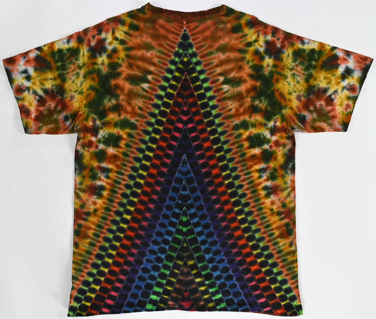 XL Heady Decagram/10Pt Star F/Triangle Checkerboard DNA B/Scrunch Tie Dye on a Gildan Ultra Cotton PFD (Prepared for Dye) T-Shirt