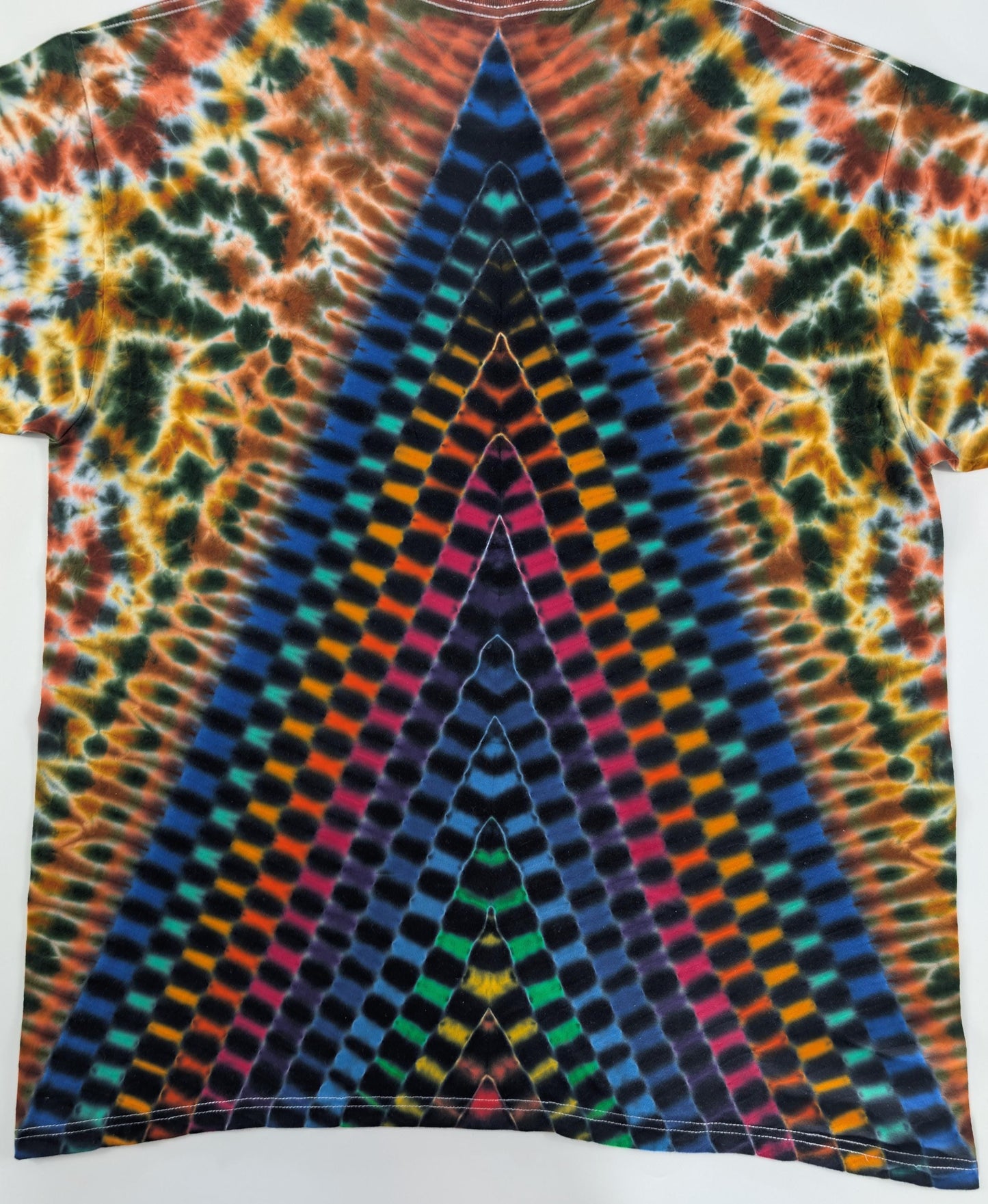 2X Heady Decagram/10Pt Star Fr/Triangle Checkerboard DNA Bk/Scrunch in Browns, Dark Greens Tie Dye on a Tultex 290 Ringspun Cotton T-Shirt