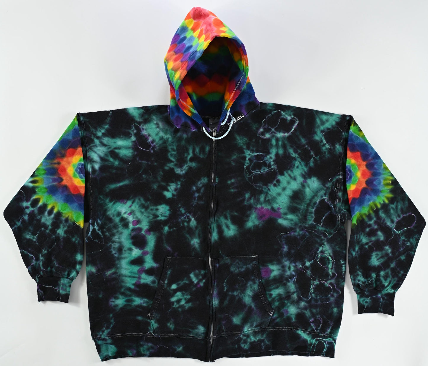 3X Ultra Heady Hexagram Back/Hexagons Each Sleeve, Honeycomb Hood/Geode Fill Tie Dye on a Hanes Ultimate Cotton Zipper Hoodie w/ Frnt Pocket