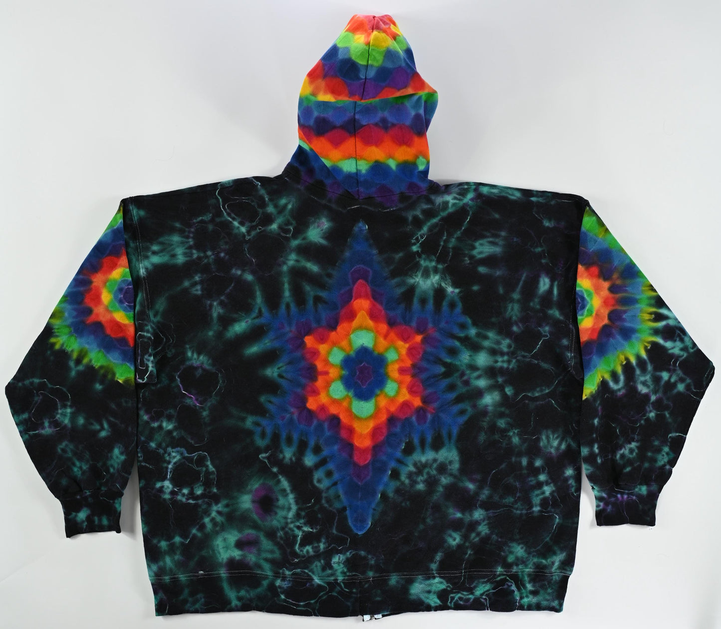 3X Ultra Heady Hexagram Back/Hexagons Each Sleeve, Honeycomb Hood/Geode Fill Tie Dye on a Hanes Ultimate Cotton Zipper Hoodie w/ Frnt Pocket