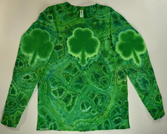Large Shamrocks Front and Sleeves/Triangle UV-DNA Back/Geodes w/ UV Reactive Accents Tie Dye on a Tultex 291 Ringspun Cotton Lng Slv Shirt