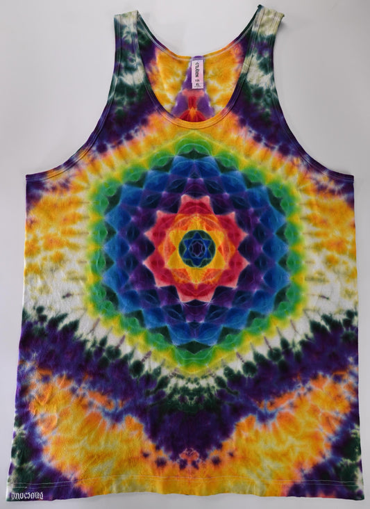 XL Hexagon Front/Triangle Back Piece/Scrunch filler in Aphrodisiac Palette Tie Dye on a Tultex 105 Ringspun Cotton Tank Top