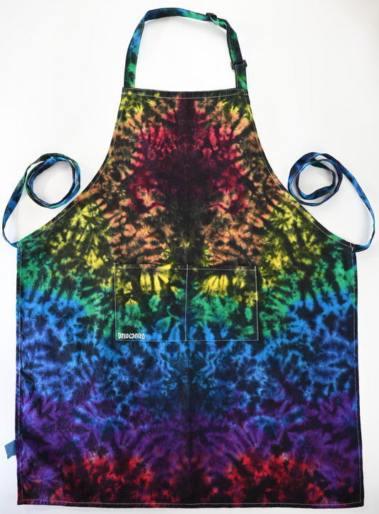 Adjustable Blacked out Rainbow Scrunch Tie Dye on a Jubatus Cotton Chef Apron w/ 2 Pockets