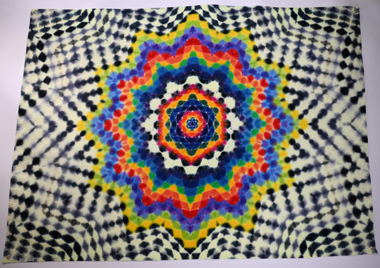 52'X38" Hexagon->{12/3} Dodecagram->UV Reactive/Grayscale Tie Dye on a Organic Cotton & Hemp Hemmed Tapestry w/ Metal Grommets for Hanging*